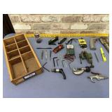 WOOD BOX: ASSORTED TOOLS - CLAMPS, BATTERY