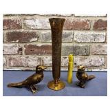 (3 PCS) LOTUS 22K BUD VASE & 2 GOLD TONE BIRD