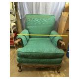 VINTAGE UPHOLSTERED ARMCHAIR WITH CARVED