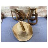 BOX LOT: VINTAGE COWBOY HAT, PAIR OF LEATHER