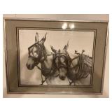SIGNED PRINT OF 2 DONKEYS WITH HARNESSES; BY