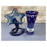 ( 2 PCS) BLUE CUT TO CLEAR GLASS VASE & STAR