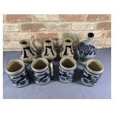 (8 PCS) STONEWARE WITH COBALT BLUE & GRAY SALT