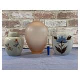 (3 PCS)  VASES -1 PINK FROSTED GLASS, 1 MARKED DEW
