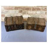2 VINTAGE WOODEN TREASURE BOXES; ONE WITH LION