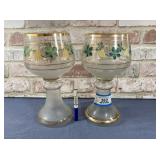 2 LARGE, HAND-PAINTED FOOTED GLASS GOBLETS