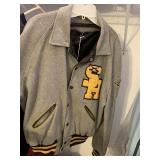 GRAY LETTER JACKET WITH BLACK & GOLD TRIM AND