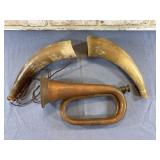(3 PCS) VINTAGE BRASS/COPPER BUGLE HORN, 2 VINTAGE