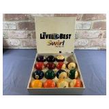 BOXED SET OF POOL BALLS, THE LEVEL BEST, SWIRL;