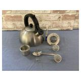 BOX LOT: TEA KETTLE & ASSORTED TEA ACCESSORIES