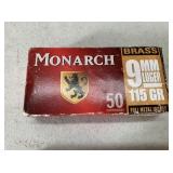 BOX OF MONARCH BRASS 9MM LUGER CARTRIDGES