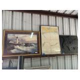 3 PCS: LARGE GILT FRAMED PRINT OF LIGHTHOUSE &