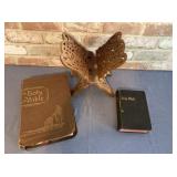 2 VINTAGE BIBLES & A CARVED WOOD STAND