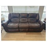 LARGER BROWN LEATHER SOFA WITH RECLINERS ON