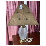 GLASS TABLE LAMP WITH A METAL TEXAS STAR SHADE