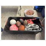 PLASTIC TUB WITH ASSORTMENT OF SPORTS BALLS &
