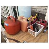 GROUP LOT: 7 PCS PLUS A BASKET; ASSORTED GAS CANS