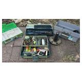 (4) PLASTIC FISHING TACKLE BOXES AND ALL FISHING