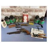 BOX LOT: BLACK POWDER PISTOL WITH ASSORTED TOOLS,