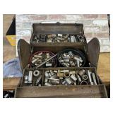 METAL TOOL BOX FULL OF METAL SOCKETS & EXTENSIONS
