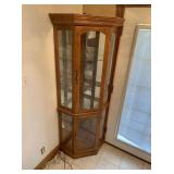 VINTAGE OAK CORNER DISPLAY CABINET, MIRROR-BACK,