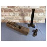 2 PCS: ANTIQUE WOOD PLANE AND A CAST-IRON SHOE