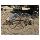 METAL PATIO TABLE WITH A GLASS TOP & 2 CHAIRS