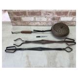 3 PCS: 2 FIREPLACE TONGS AND A POPCORN POPPER