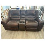 BROWN LEATHER SOFA WITH RECLINERS ON BOTH ENDS