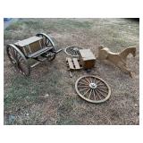 GROUPING:TWO DECORATIVE WOODEN WAGONS, SOME