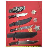 3 FIXED-BLADE BOWIE KNIVES/NOVILTY SHERIFF BADGES