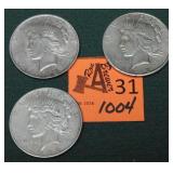 LOT OF 3 - 90% PEACE SILVER DOLLARS