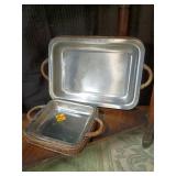 Two wicker serving trays w/removable metal pans