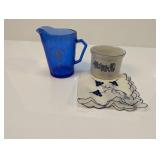 (3) Blue Pitcher, Crock Cup & Handkerchief