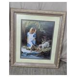 (1) Framed Print of Girl and Dog by Stream