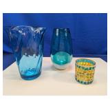 (3) Blue Glass Vases & Candle Holder