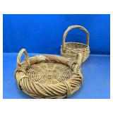 (2) Woven Rattan/Wicker Basket & Tray Duo