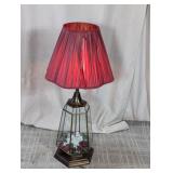(1) Glass Floral Table Lamp with Red Shade