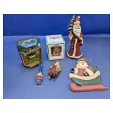 (6) Christmas Ornaments & Santa Figurine