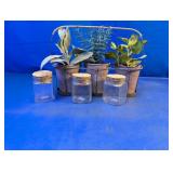 Herb Garden Caddy w/ Three Glass Jars Lot
