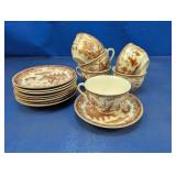 (15) Brown Transferware Cups & Saucers
