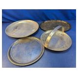 (4) Silver Tone Serving Trays and Basket