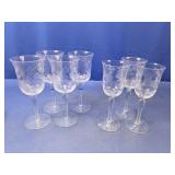 (7) Etched Floral Crystal Wine Glasses