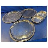 (4) Silver Tone Serving Trays and Dish
