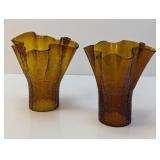 (2) Amber Textured Glass Vase Duo