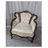 Vintage Carved Wood Tufted Accent Chair