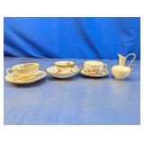 (7) Tea Cups, Saucers & Mini Pitcher