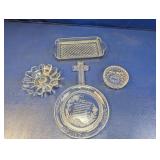 (5) Clear Glass Dishes and Cross