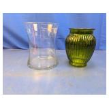 (2) Glass Vases Clear and Green Ribbed