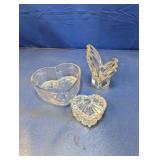 (3) Clear Glass Heart Dish & Mikasa Figurine